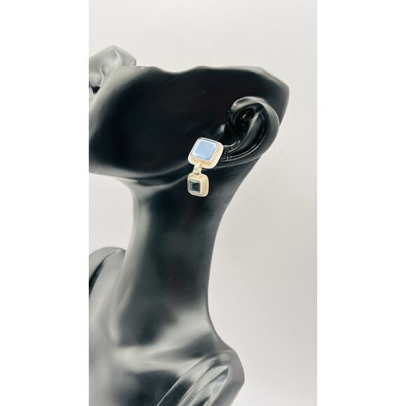 Vintage Sterling Silver 925 Designer Signed Dangle Squares Earrings Light Blue